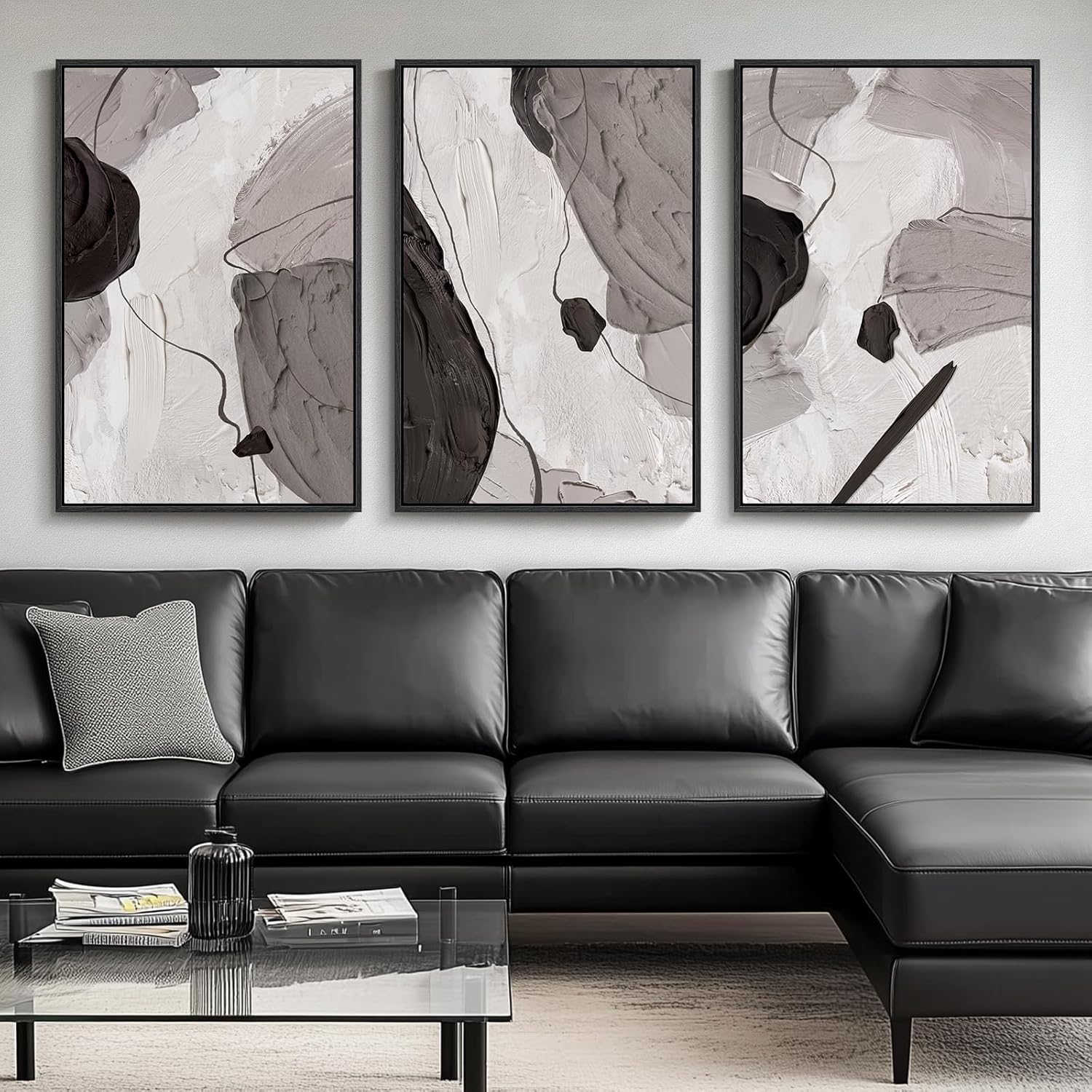 Large Framed Black and White Neutral Abstract Wall Art for Living Room, 3 Piece Boho Canvas Prints Paintings Artwork for Walls, Minimalist Geometric Pictures for Hallway Office Wall Decor 24x36 In