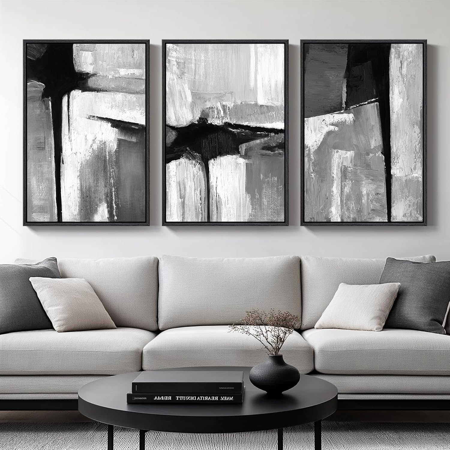 Large Framed Black and White Neutral Abstract Wall Art for Living Room, 3 Piece Boho Canvas Prints Paintings Artwork for Walls, Minimalist Geometric Pictures for Hallway Office Wall Decor 24x36 In