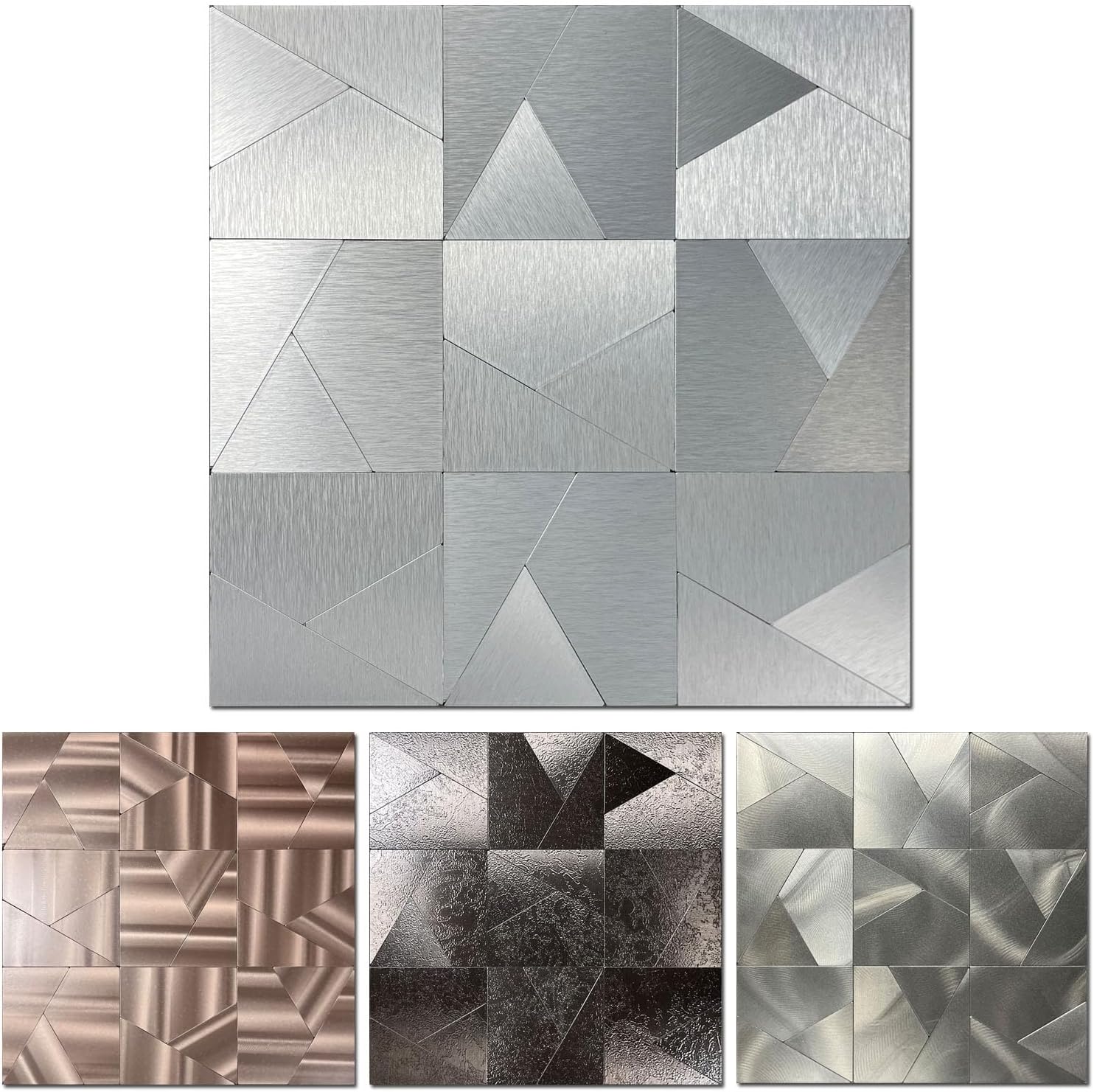 XUANINY Peel and Stick Metal Backsplash Tiles, Self Adhesive Aluminum Mosaic 3D Wall Sticker for Kitchen Bathroom Brushed Grey Decor (11.81"x11.81") (10 Triangle Brushed Silver)