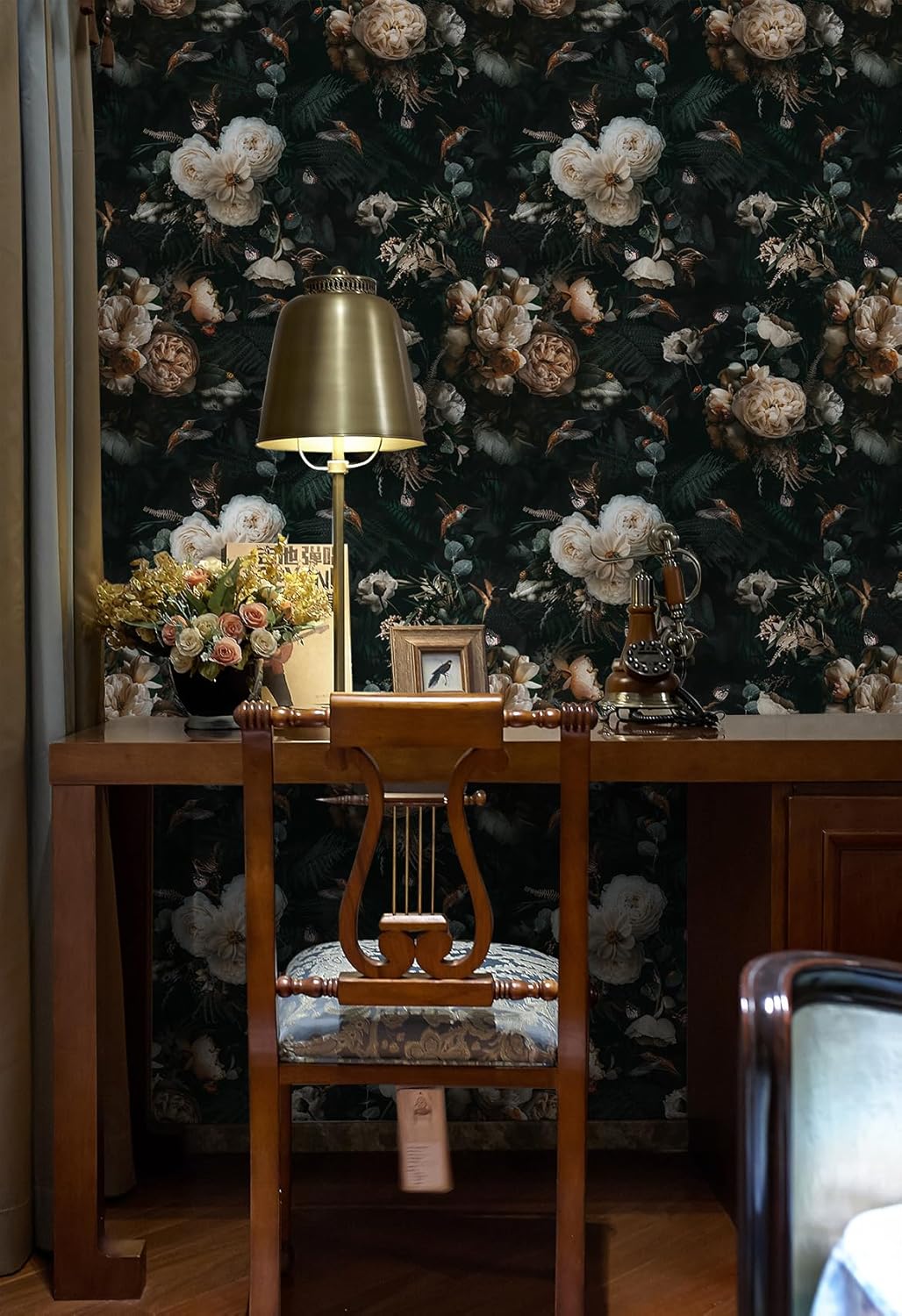 Floralplus Peel and Stick Wallpaper Removable Dark Floral Wallpaper 17.5 x 393 in Renter Friendly Wallpapers for Bedroom Accent Wall Black Floral Contact Paper Flower Wall Mural