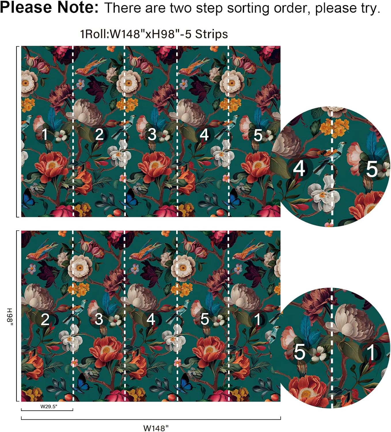 Zeeko Floral Wall Mural Peel and Stick Wallpaper 148" W x 98" H Removable Large Mural Vintage Wall Paper Self-Adhesive Wall Mural for Bedroom Livingroom Home Art Decor Dark Blue Mural Wallpaper