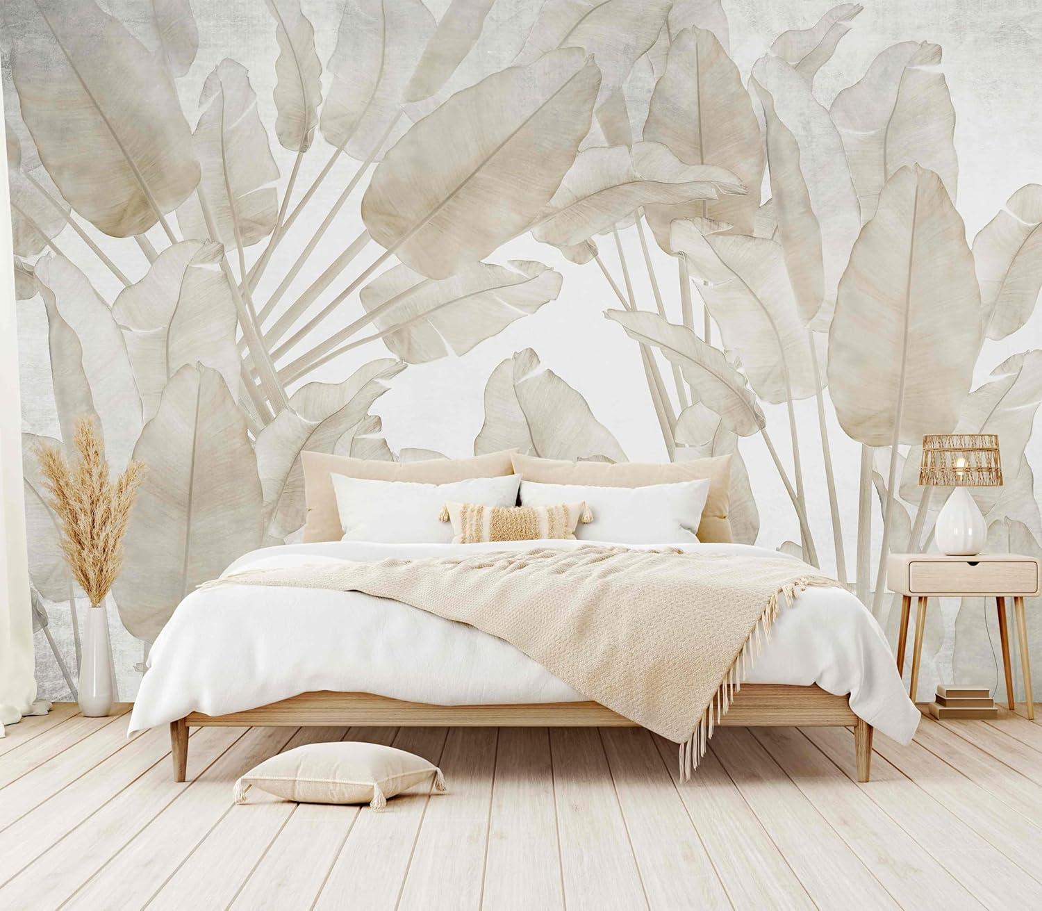 WFBHUA-Beige Banana Leaf Wallpaper Peel and Stick Tropical Self-Adhesive Wall Mural for Living Room Bedroom 82"x57"