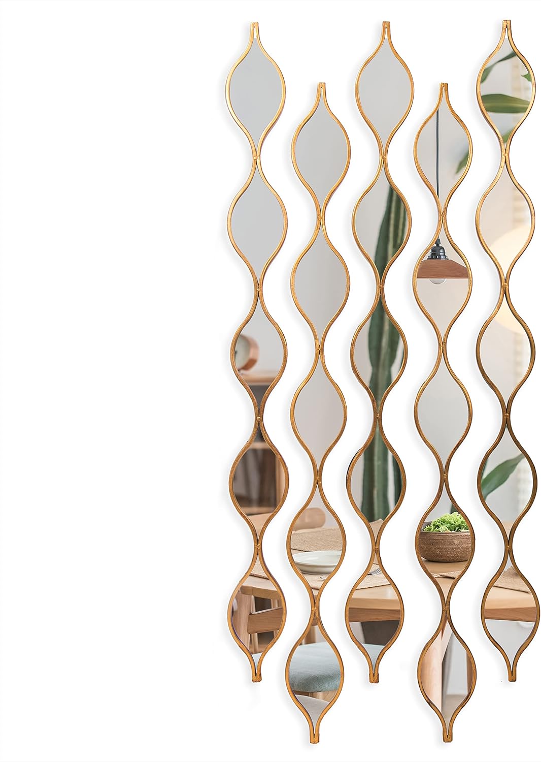 Tear Drop Mirror Wall Decor Set of 5, Gold Living Room Mirror Sets, Decorative Long Skinny Mirrors for Wall