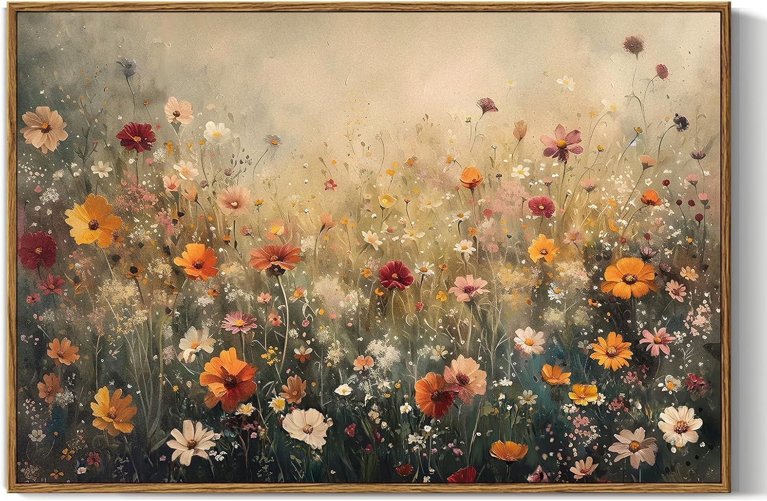 InSimSea Framed Canvas Wall Art Vintage Decor, Landscape Wall Art, Meadow with Flowers Art, Modern Farmhouse Decor, Cottagecore Bedroom Bathroom Office Decorations, 24"x36"