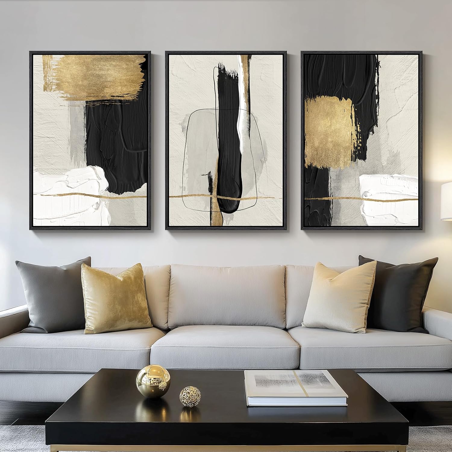 Large Framed Black and White Neutral Abstract Wall Art for Living Room, 3 Piece Boho Canvas Prints Paintings Artwork for Walls, Minimalist Geometric Pictures for Hallway Office Wall Decor 24x36 In
