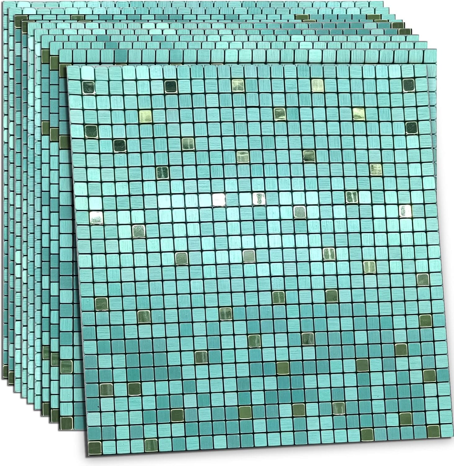 XUANINY 10-Piece Peel and Stick Backsplash for Kitchen Aluminum 3D Wall Sticker Panel Self-Adhesive Metal Mosaic Tile (11.41"x11.41" Green Brushed)