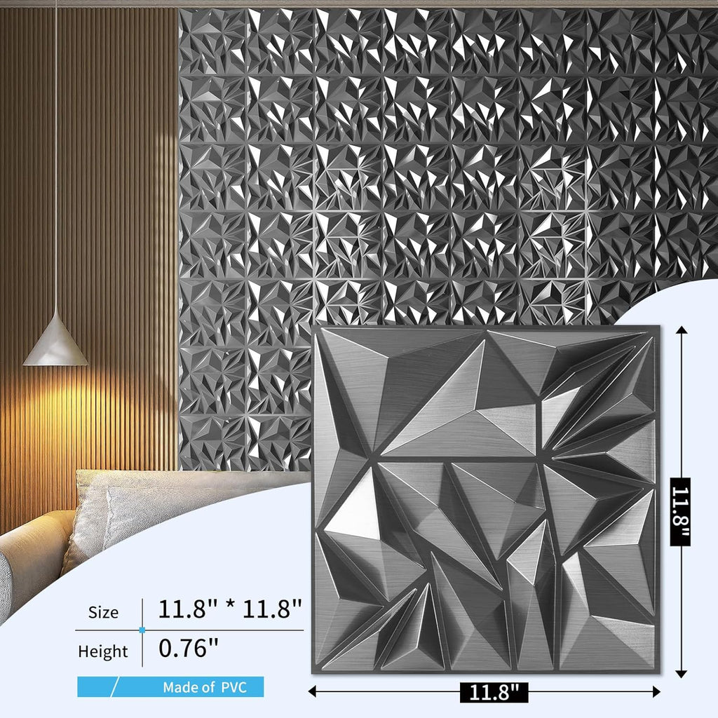 Art3d 33-Pack 3D Wall Panels - Diamond Textured Feature Paneling for Gaming, Living Room, TV Wall - 12 x 12 inch Silver