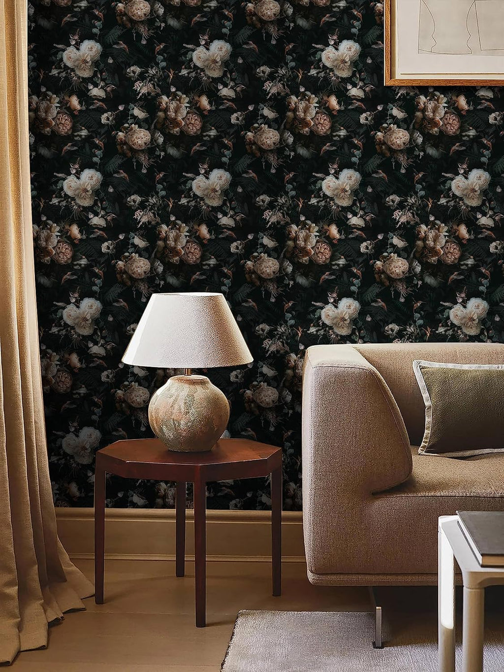 Floralplus Peel and Stick Wallpaper Removable Dark Floral Wallpaper 17.5 x 393 in Renter Friendly Wallpapers for Bedroom Accent Wall Black Floral Contact Paper Flower Wall Mural