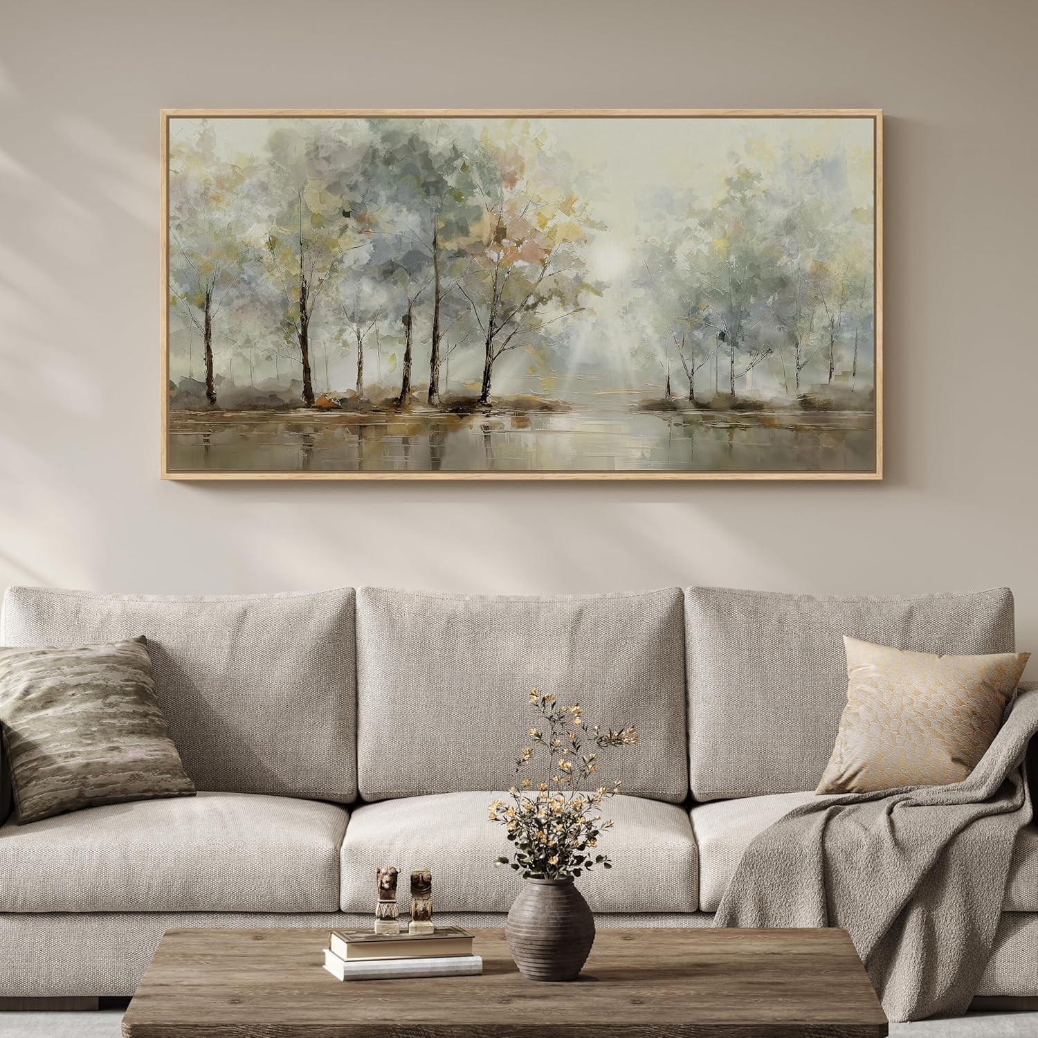 Framed Vintage Landscape Canvas Wall Art for Living Room, Extra Large Horizontal Rustic Tree Botanical Picture Prints Paintings, Neutral Wabi Sabi Artwork Decor for Bedroom Entryway 57x28.5 Inch