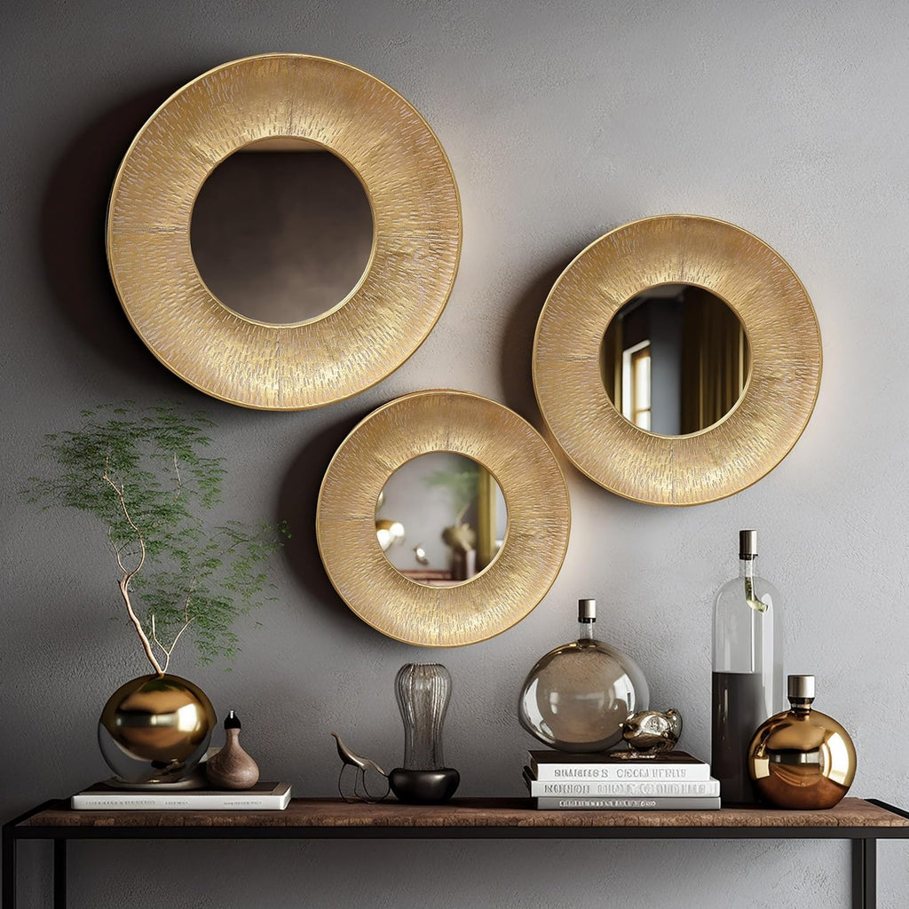 LuxenHome 3 Piece Gold Metal Round Wall Mirror Set Boho Wall Hanging Mounted Mirror,Rattan Mirror Suitable for Farmhouse, Living Room, Bedroom and Bathroom