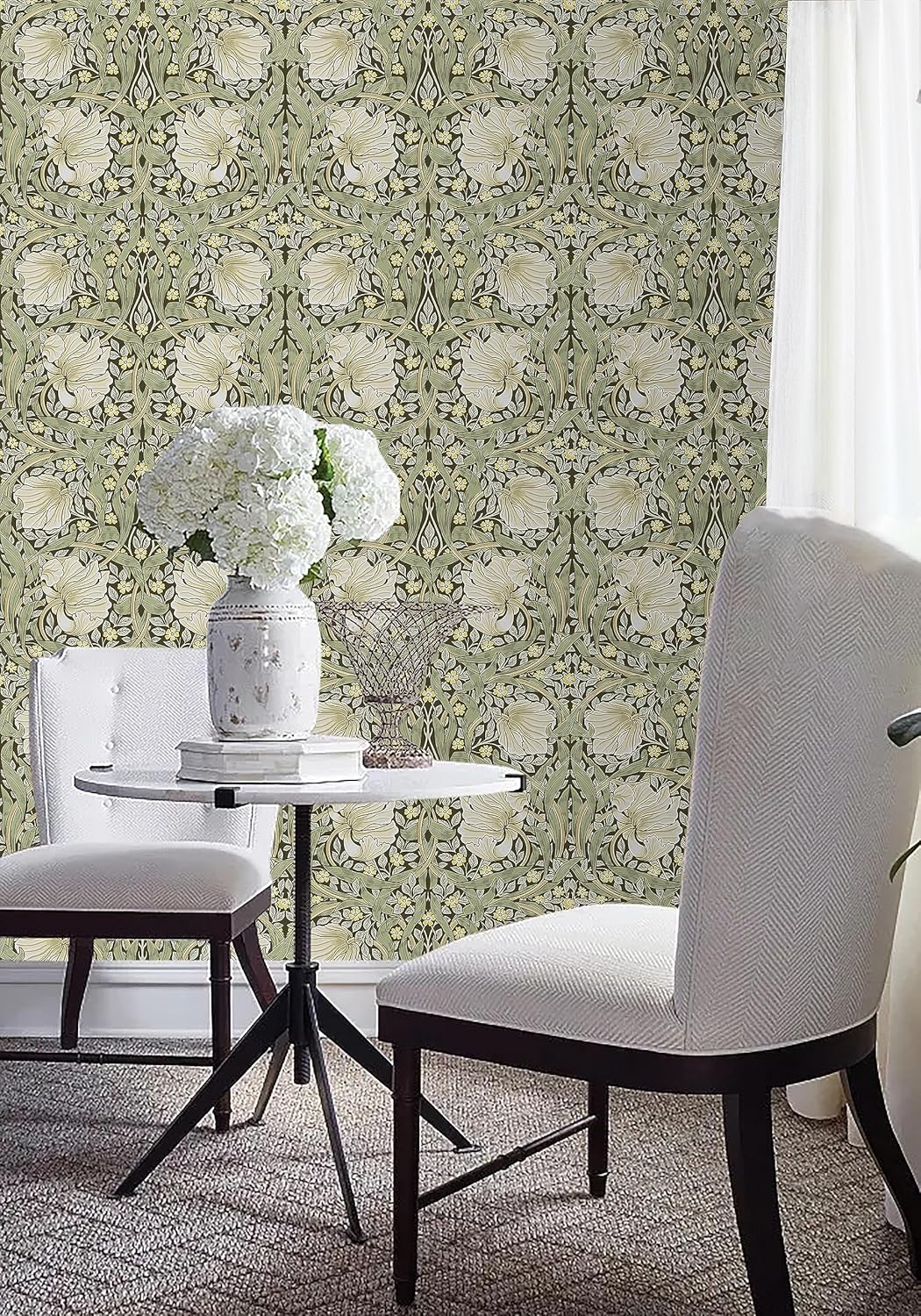 HAOKHOME Vintage Floral Wallpaper Peel and Stick Botanical Sage Green/Yellow Wall Murals Home Kitchen Bedroom Decor by William Morris 17.3in x 32.8ft